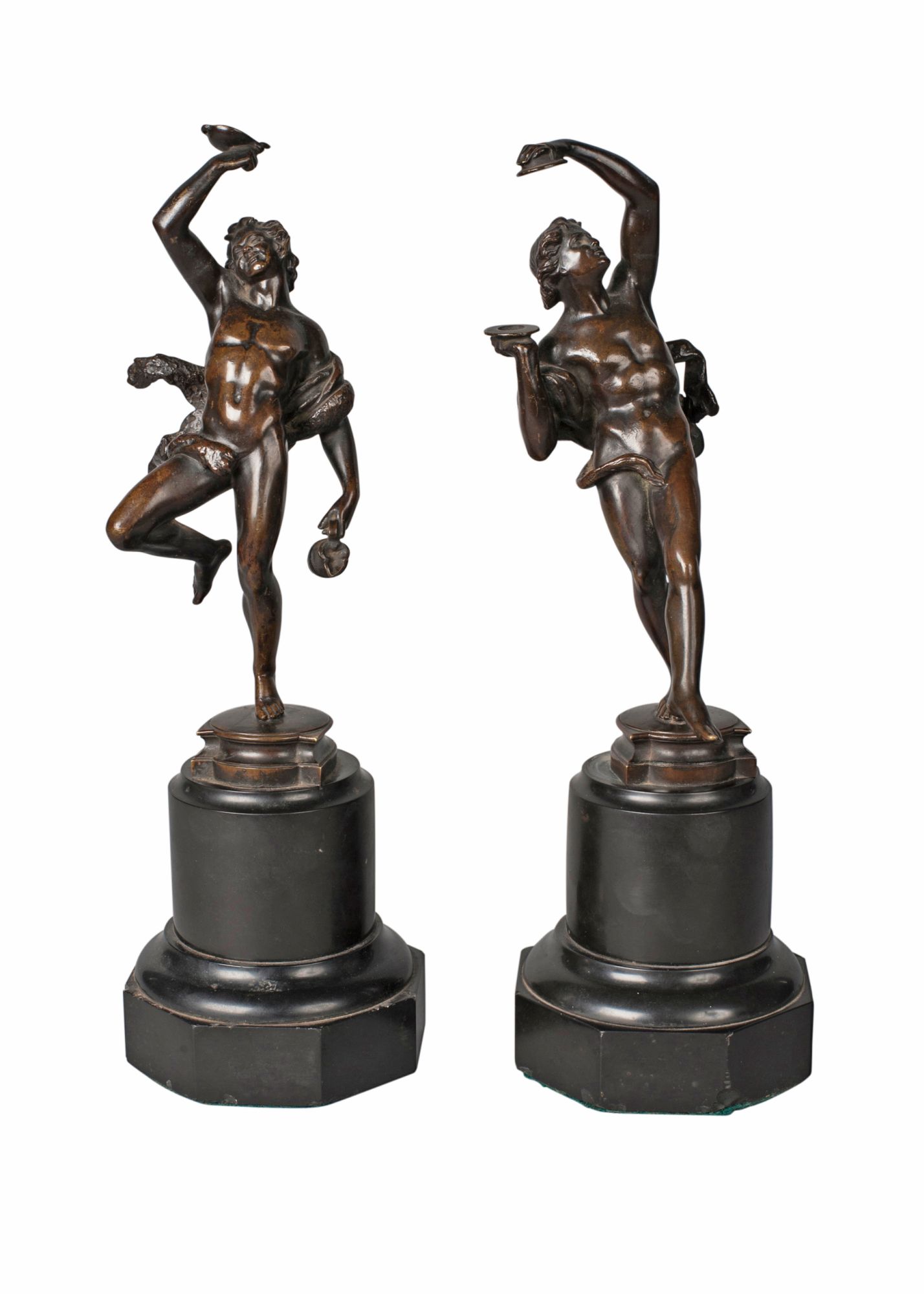 A pair of French bronze figures of Bacchanals, 19th century, each modelled dancing in wild