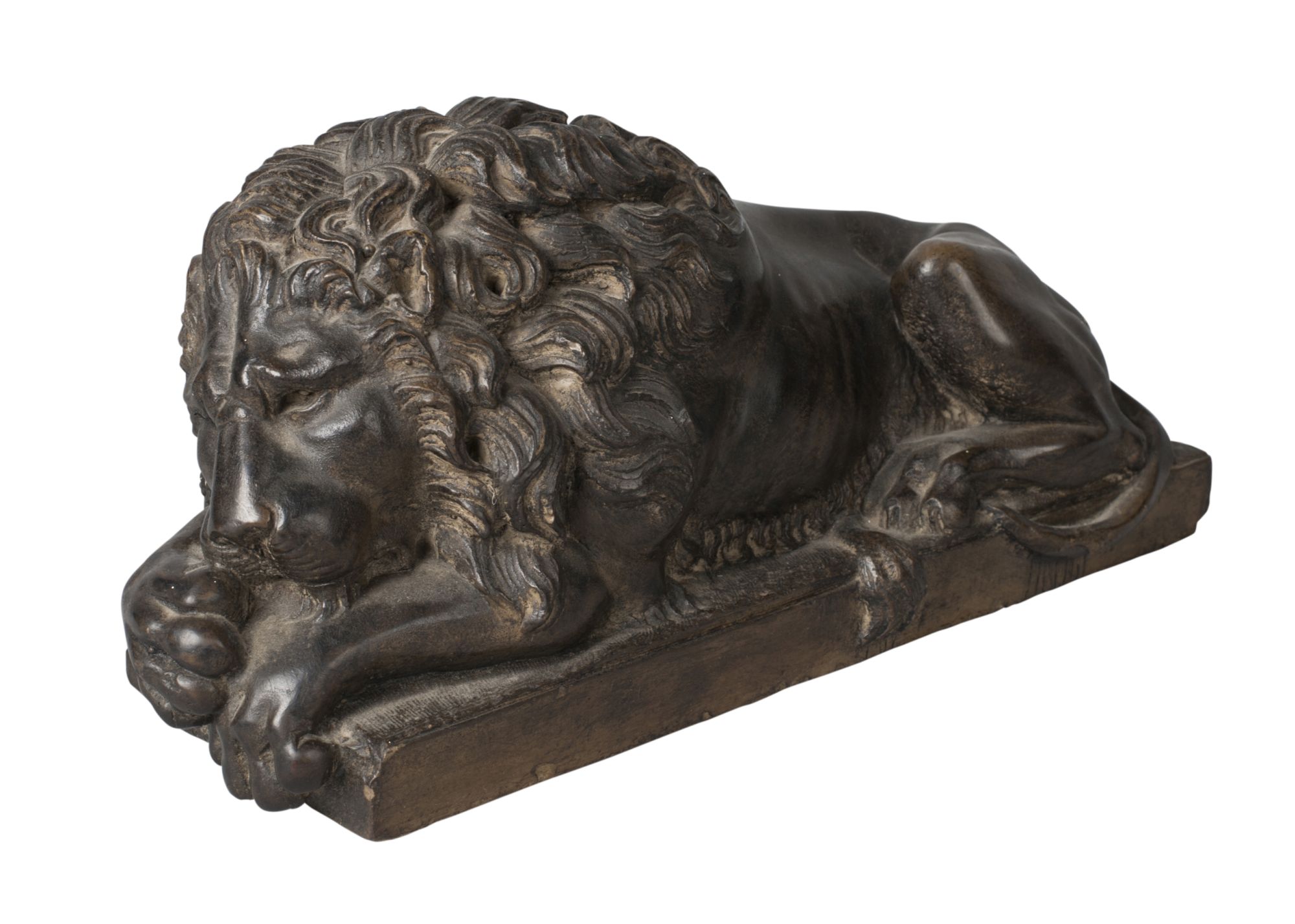 A pair of pottery lions, after Canova, 20th century, modelled seated on plinths, 37cm wide (2) - Image 2 of 2