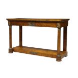 An Empire style mahogany and gilt metal mounted console table, the rectangular top above long frieze