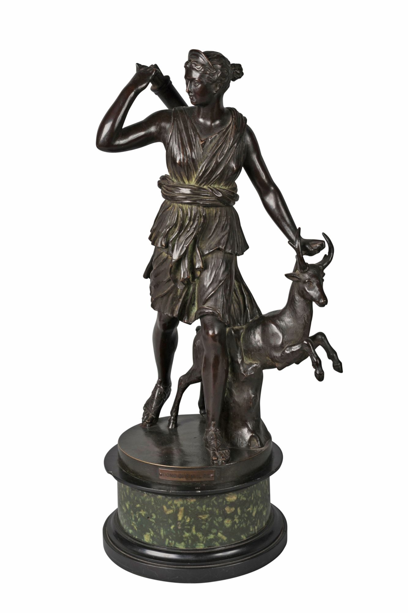 An Italian bronze model of Diana the huntress, 19th century, resting on a black slate and green