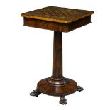 A mahogany and cross banded games table, circa 1820, the square top with chess board and floral