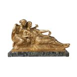 A gilt metal sculpture of two classically attired woman, after the antique, 20th century, on a green