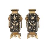 A pair of French gilt bronze and cloisonné vases, in the Chinese taste, 19th century, hung with