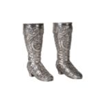 A pair of Continental silver boots, London c.1892, with import mark F, David Bridge, moulded with