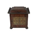 A Victorian rosewood and floral brass inlaid table top sewing box, the domed top with turned and