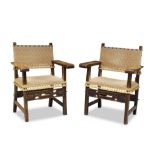 A pair of Spanish walnut armchairs, frailero, the nailed, padded oblong back with straight, flat