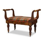 A William IV mahogany and satinwood inlaid stool, circa 1840, with scrolling end supports