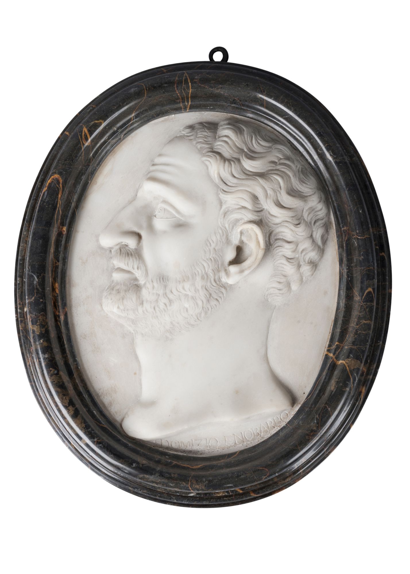 An Italian Carrara marble oval portrait relief of a man, believed to be Lucius Domitius Ahenobarbus,