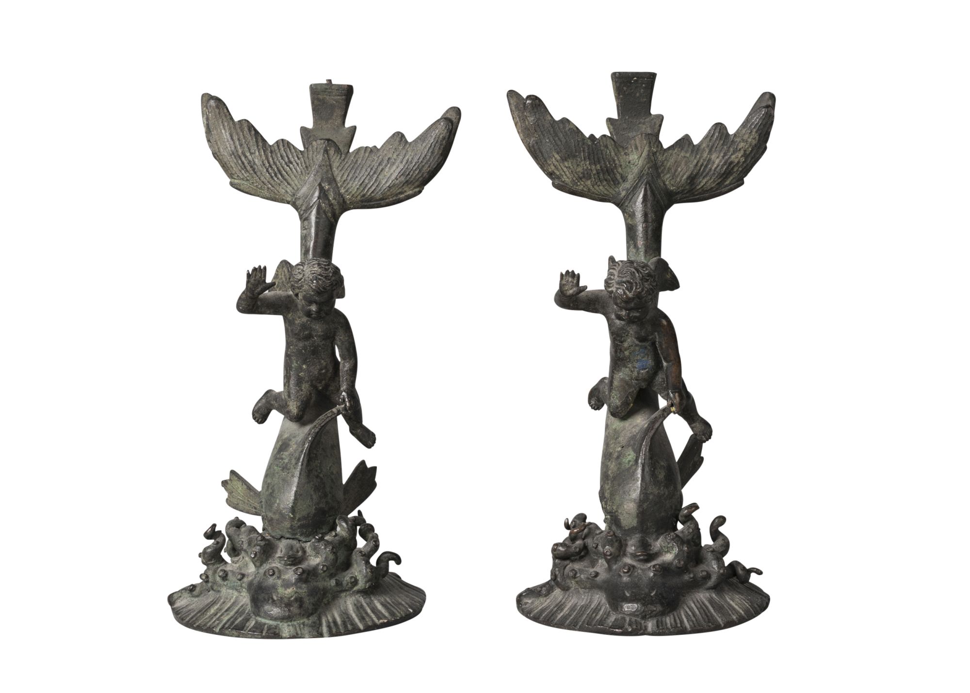 Two Neapolitan bronze mirror stands, after the Antique, possibly by the Chiurazzi foundry late - Image 2 of 2