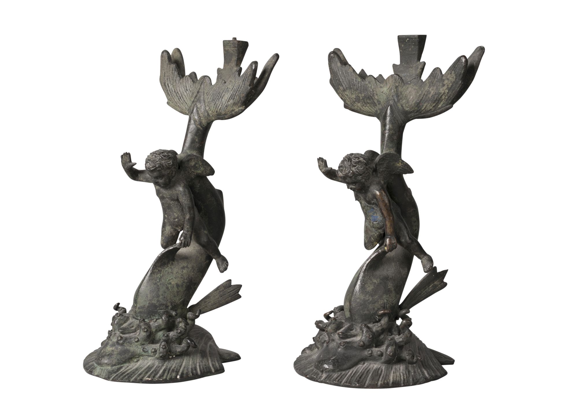 Two Neapolitan bronze mirror stands, after the Antique, possibly by the Chiurazzi foundry late