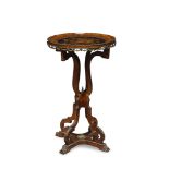 A Victorian floral marquetry inlaid occasional table, the circular top above scrolling supports with