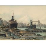 Adrian Hill RBA RI ROI, British 1897-1997- Low Tide, Tower Bridge, 1926; watercolour and crayon,