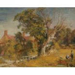 Robin Guthrie, British 1902-1971- Country landscape with farmhouse and figure in foreground; oil