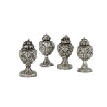 Four silver perfume sprinklers, India, 19th century, of gourd form on a splayed foot, with moulded