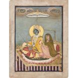 Krishna and Radha seated on a dias, Kangra, late 19th century, gouache on paper heightened with