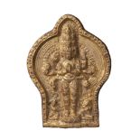 A Tibetan gilded terracotta plaque of Avalokitesvara, 18th century, depicted with eleven heads, with
