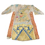A Chinese silk embroidered dragon robe, early 20th century, embroidered to front and back with a