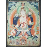 A large Tibetan thangka of Tara, 19th century, distemper on cloth, seated in dhayasana, with two