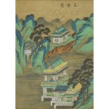 A pair of Chinese paintings on silk, 20th century, one depicting a palace, the other a procession in