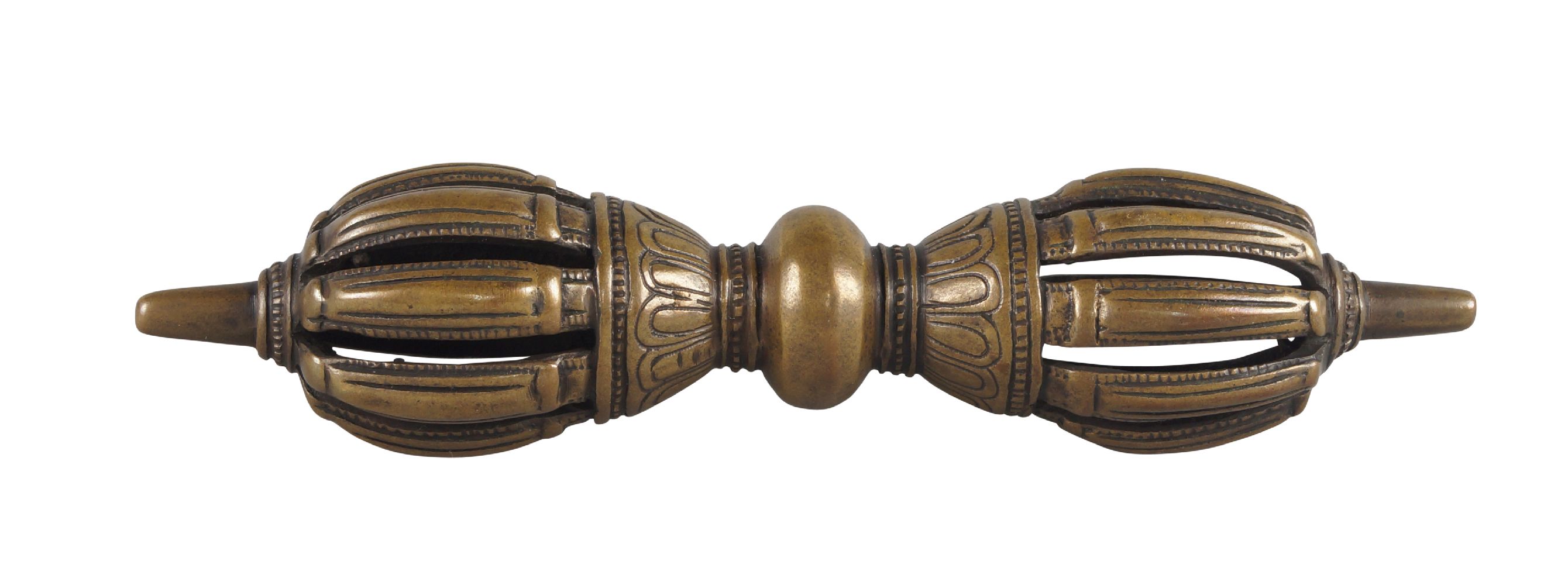 A Tibetan copper alloy vajra, late 19th/early 20th century, with knopped stem, 16.5cm long