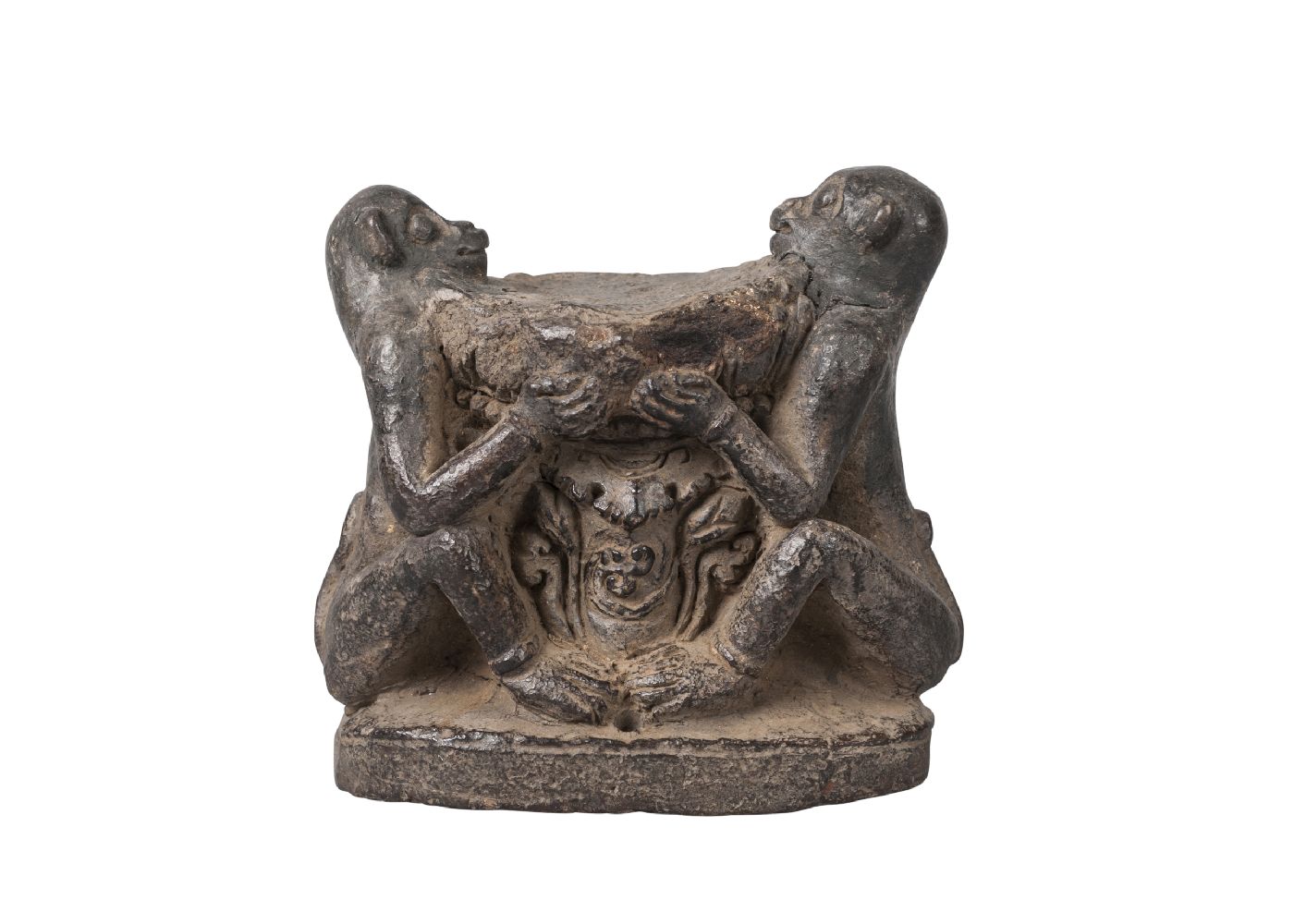 A Nepalese pottery figure group, 18th/19th century, modelled as two monkeys holding a bowl aloft,