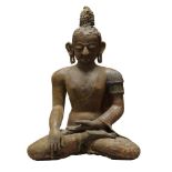 A large Nepalese painted stucco Buddha, 19th century, seated in Dhayasana with right hand in