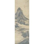 STYLE OF ZHANG RUITU, ink on silk, hanging scroll, mountainous landscape, bears indistinct