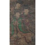 19th century Chinese School, large mixed media on canvas, hanging scroll, study of three celestial