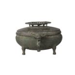 A Chinese bronze archaistic ritual box and cover, 20th century, with archaistic dragon handles and