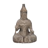 A South East Asian carved wood figure of Buddha, 18th/19th century, seated in Dhayasana, with traces