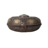 A Nepalese copper circular box with hinged cover, late 19th/early 20th century, applied, pierced and