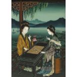 A Chinese reverse painting on glass, 20th century, depicting two ladies playing wei qi, in