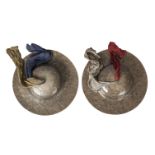 A pair of Tibetan beaten brass cymbals, 19th century, with cloth handles and painted decoration to