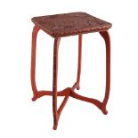 A Japanese cinnabar lacquer table top stand, late 19th century, the square top carved in low