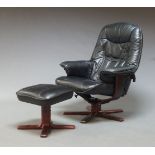 A modern Danish style leather easy swivel chair and ottoman, 20th Century, with black leather