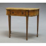 A yew wood and cross banded demi-lune console table, second half 20th Century, with one frieze