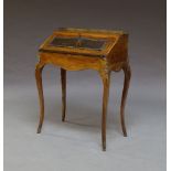 A French mahogany and line inlaid bureau de dame, early 20th Century, the top with pierced brass