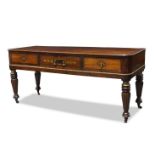 A Regency mahogany and rosewood cross banded serving table, converted from a square piano, the