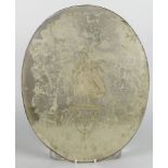 A Venetian oval mirror, early 20th century, decorated with caped man wearing a tricorn hat and a