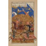 An Ottoman battle scene from a manuscript, Turkey, circa 17th century, gouache on paper heightened