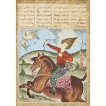 A Qajar painting of an archer on horseback, Iran, 19th century, gouache on paper, loosely drawn