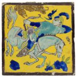 A Qajar Safavid-style pottery tile, Iran, 19th century, depicting an archer on horseback in cobalt