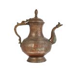 An engraved copper ewer, Bukhara, 18th century, on a splayed foot, of globular form rising to a