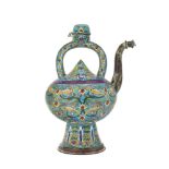 A cloisonne ewer, Chinese for the Islamic market, 18th century, on a splayed foot, the globular body