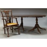 A George III and later mahogany triple pedestal dining table, with two additional leaves on later