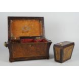 A walnut and rosewood rectangular tea caddy, 19th century, the top inset with three geometrical