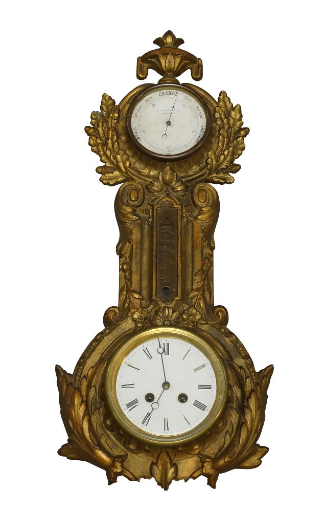 A gilt metal eight day thermometer/barometer clock by J.J. Wainwright and Co. Birmingham, late19th