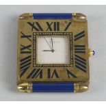 A Cartier gilt metal and blue enamel clock, with square body and roman numeral chapter ring, with