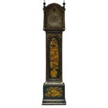 A George II blue green japanned long case clock by Thomas Budgen, Croydon, circa. 1740, the hood