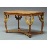 A French beech wood and parcel gilt side table, 19th Century, the rectangular orange marble top,